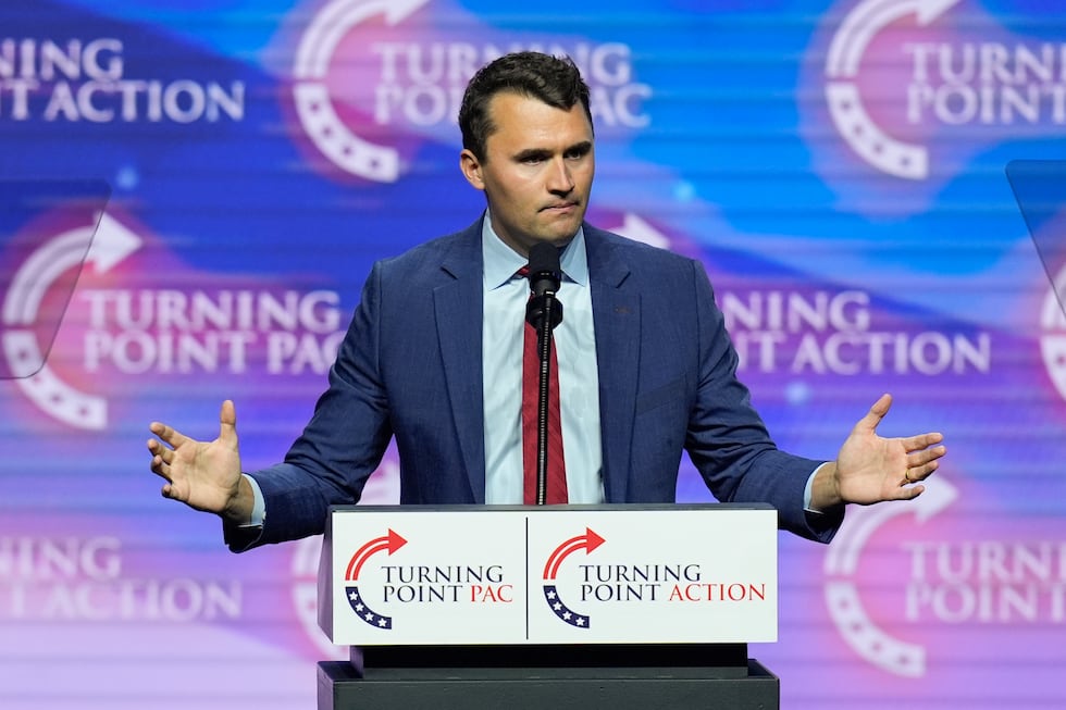 Turning Point USA Founder Charlie Kirk speaks before Republican presidential nominee former...